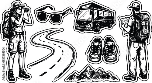 Line art sticker travel set showing female backpacker with binoculars and male traveler reading map near road bus sneakers mountain