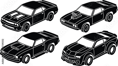 Flat vector muscle car set four different angles side front three quarter and low angle views strong contrast black icon