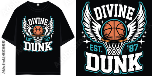 divine dunk basketball winged ball est 87 hoop vintage varsity retro sports aesthetic graphic t shirt design vector illustration artwork
