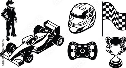 Flat design isometric bold monochrome racing car close up with driver helmet and steering wheel beside checkered flag and trophy