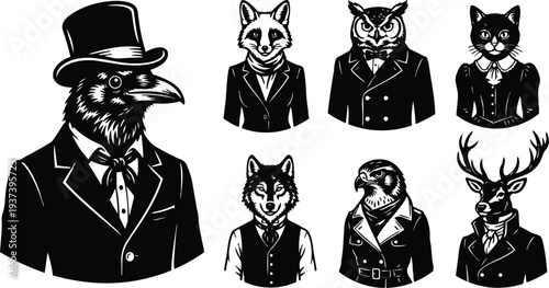 Engraving style close up raven in top hat and suit with monocle looking left among aristocratic animal portraits formal collection