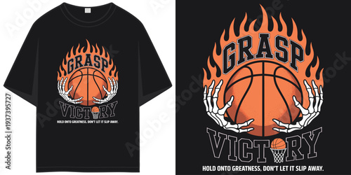 grasp victory basketball fire skeleton hands holding ball vintage sports graphic t shirt design vector illustration artwork
