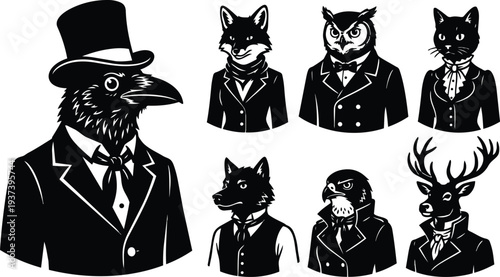 Tattoo flash vintage portraits of anthropomorphic crow fox owl cat stag and hawk in formal suits close up elegant linework