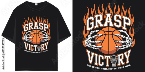 grasp victory basketball fire skeleton hands holding ball vintage sports graphic t shirt design vector illustration artwork
