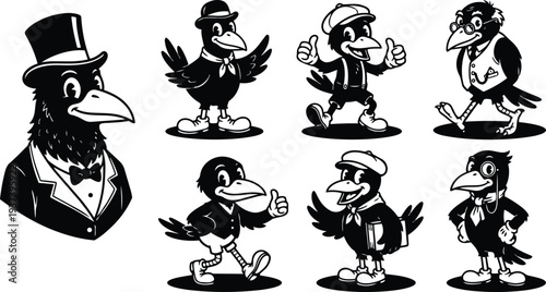 Tattoo flash vintage crow mascot characters set showing dapper top hat scholar strolling thumbs up walking book in hand smiling