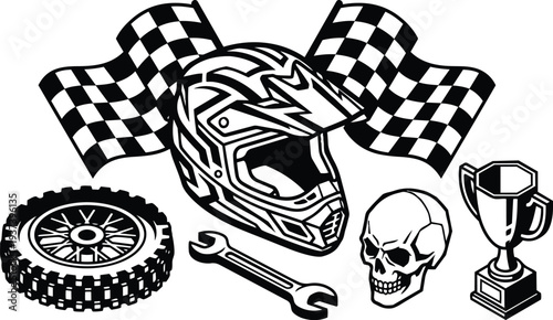 Tattoo flash motocross helmet close up with wrench skull trophy and checkered flags vector line art side view gritty bold