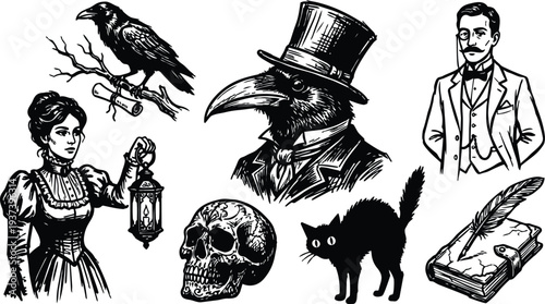 Engraving style victorian woman holding lantern beside skull and raven with plague doctor in top hat portrait ink etching mysterious