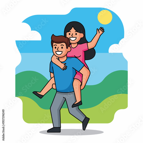 Man Carrying Woman on His Back.