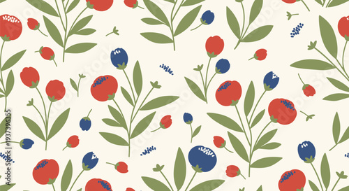Vector floral pattern with red and blue flowers