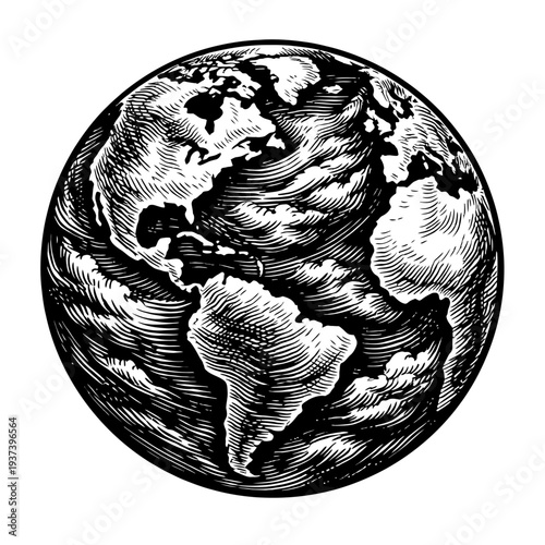 Striking vintage woodcut Earth illustration, black & white global map showcasing North, South America, Europe, Africa. Detailed engraved world symbol artwork for geography, travel, environmental, educ