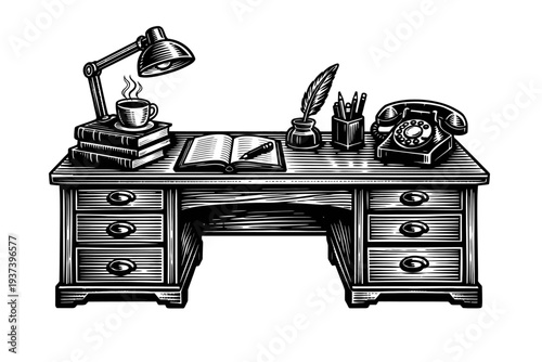 Black and white woodcut illustration of a vintage study desk, featuring a classic rotary phone, stacked books, steaming coffee cup, adjustable desk lamp, open book with pen, inkwell, quill, and pencil