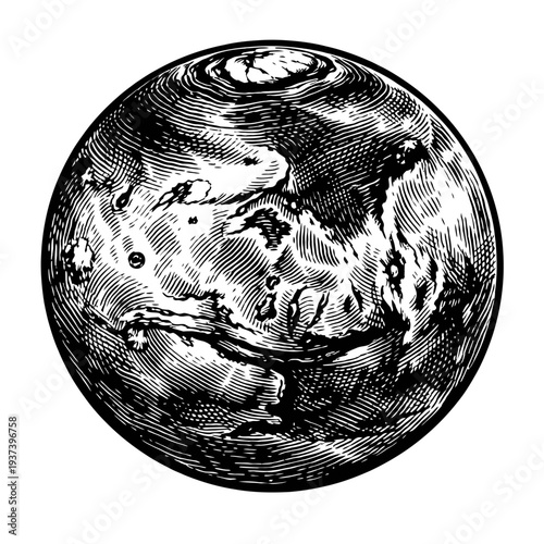 Vintage engraving of the planet Mars, showcasing its distinct craters and polar caps. This intricate astronomical illustration, rendered in a classic woodcut style, beautifully captures the historical