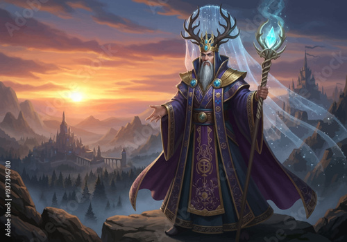 Fantasy Wizard Standing with Staff Antlers.