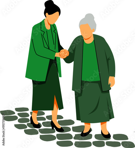 Young woman helping elderly grandmother walking together flat illustration animation about care and support