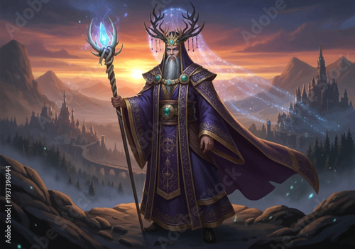 Fantasy Wizard with Staff and Antlers Standing.