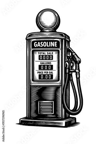 Vintage Gas Pump Illustration Black and White Woodcut Retro Style Fuel Dispenser Antique Service Station Art with Nozzle & Displays for Gallons Price and Total Sale Nostalgic Automotive History Logo.