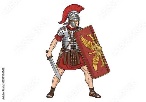 Roman Soldier with Shield and Sword Standing.