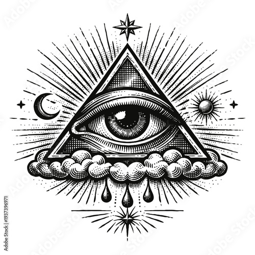 Black and white engraving of the All-Seeing Eye of Providence surrounded by celestial elements like the sun, moon, stars, and clouds, symbolizing divine watchfulness, enlightenment, knowledge, and spi