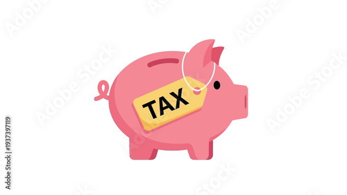 Pink piggy bank with tax label.