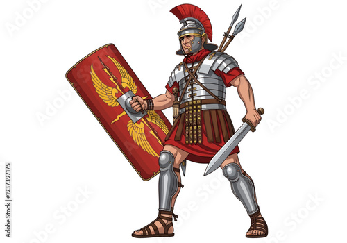 Roman Soldier in Armor with Shield and Sword.