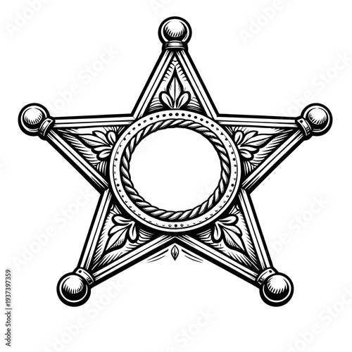 Vintage Sheriff Star Badge Illustration: Classic five-point law enforcement emblem with intricate engraved floral & rope detailing. Represents justice, authority, Wild West. Perfect for historical des