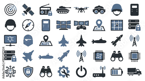 Industrial Technology and Surveillance Icons Collection. Vector Illustrations. EPS Editable