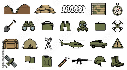 Military Equipment Icons Collection Featuring Helmets Vehicles and Gear. Vector Illustrations. EPS Editable