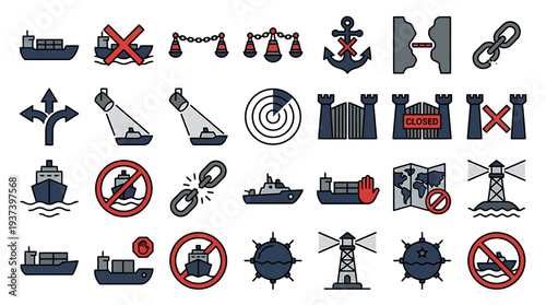 Nautical Icon Set Featuring Anchors Ships Buoys Ropes and Sails. Vector Illustrations. EPS Editable