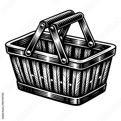 Vintage Engraving Style Shopping Basket Illustration: A Classic Black and White Line Art Image Perfect for Retail, Grocery, Market, and Picnic Themes, Featuring a Traditional Handled Design for Consum