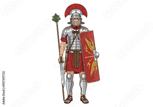 Roman Soldier Standing with Shield and Spear.