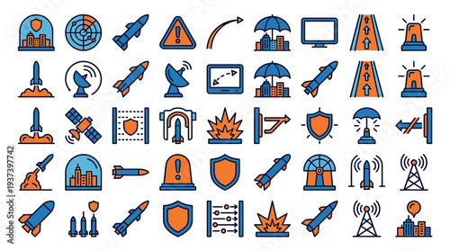 Technology And Space Exploration Icon Set Of Rockets Satellites And Shields. Vector Illustrations. EPS Editable