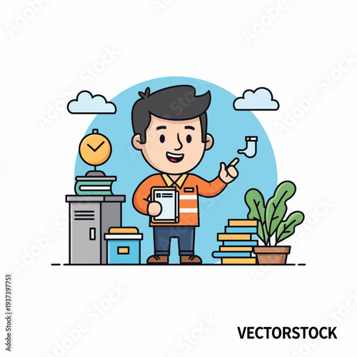 Cartoon Man Holding Book and Pencil Smiling.
