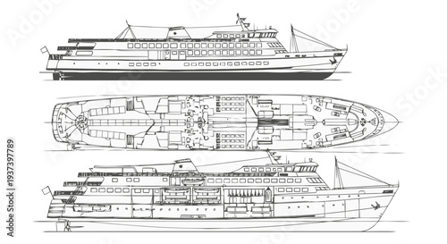 Cruise Ship Blueprint Technical Drawing – Passenger Ocean Liner Top Side Front View Vector