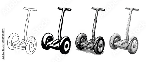 Set of four self-balancing scooters illustrated in different graphic art styles, showing a progression from simple outline and ink to detailed engraving and stippling