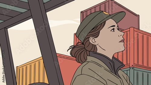 Cartoon woman operating a forklift in an international seaport, colorful containers in the background.
