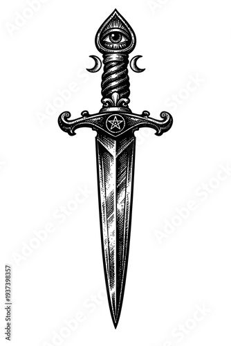 Mystical Engraved Dagger Artwork featuring the All-Seeing Eye, Sacred Pentagram, and Ethereal Crescent Moons. A powerful esoteric symbol of protection, magic, and hidden knowledge, rendered in a vinta