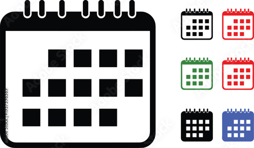 Flat spiral calendar icon collection in bold style, vector illustration for schedule, date reminder, planner, event layout, organizer design