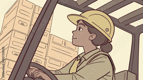 Cartoon woman operating a forklift in a large logistics warehouse, wearing a safety helmet, hands on the machine's controls, stacked boxes in the background.