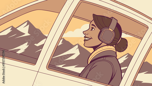 Cartoon woman piloting a commercial airliner inside the cockpit, hands on the control stick, soft dawn light streaming through the cockpit window, clouds in the background.