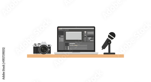 Camera computer and microphone on shelf.