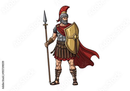 Ancient Greek Warrior Standing with Spear and Shield.