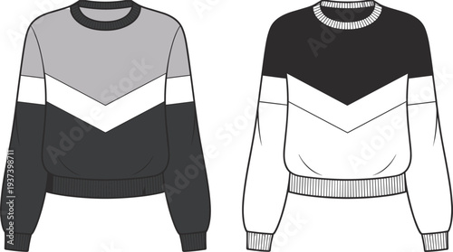 Flat vector fashion sketch of colorblock women’s sweatshirt with chevron panel, long sleeves, ribbed cuffs and hem, front view