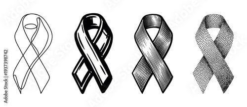 Collection of four black awareness ribbons rendered in diverse graphic styles, including minimalist line art, woodcut, engraving, and stippling dotwork