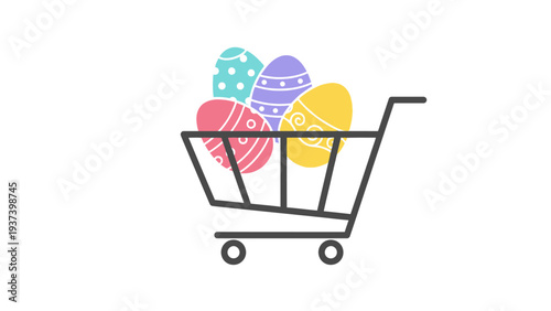 Shopping cart with colorful Easter eggs.