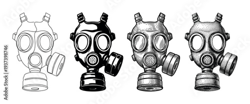 Set of four gas mask illustrations in various graphic styles including line art, silhouette, vintage engraving, and stippling for concepts of protection, danger, or apocalypse
