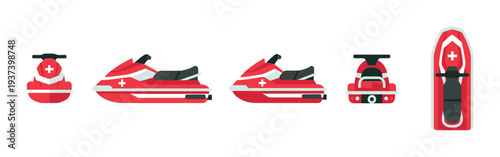 Red rescue jet ski personal watercraft illustration set shown from multiple angles including front, side, back, and top view in a clean, flat vector graphic style for emergency services