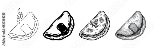 Four traditional dumplings illustrated in different graphic styles, including minimalist line art, engraving, stippling, and bold ink for a culinary concept