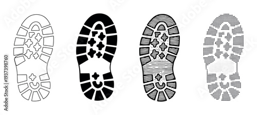 Four black boot print sole illustrations in various graphic styles including outline, silhouette, hatched, and dotted for a collection of footwear tread patterns