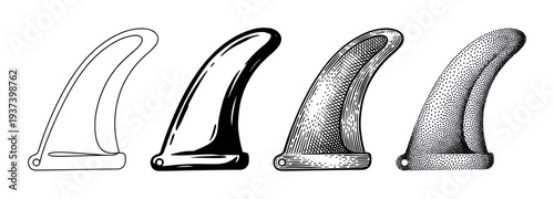 Four black and white surfboard fin illustrations in a row showing different artistic styles from simple outline and silhouette to detailed engraving and stippling techniques