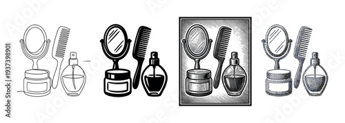 Set of black and white cosmetic illustrations showing a mirror, comb, perfume, and cream in four different artistic styles: line art, silhouette, engraving, and stippling